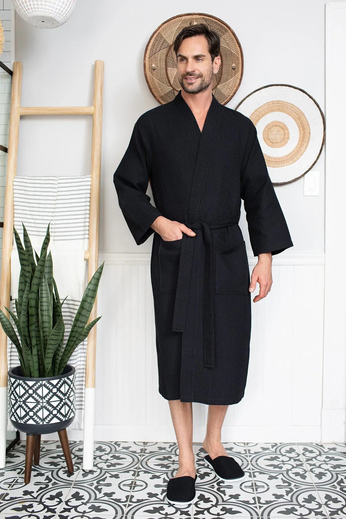 Waffle Kimono Spa Bathrobe for Men - Absorbent, Lightweight
