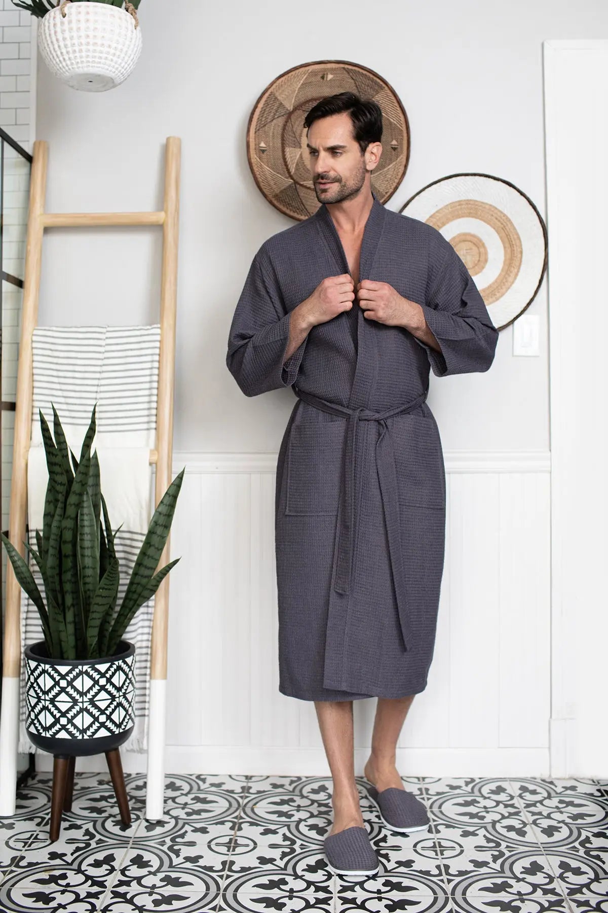 Waffle Kimono Spa Bathrobe for Men - Absorbent, Lightweight