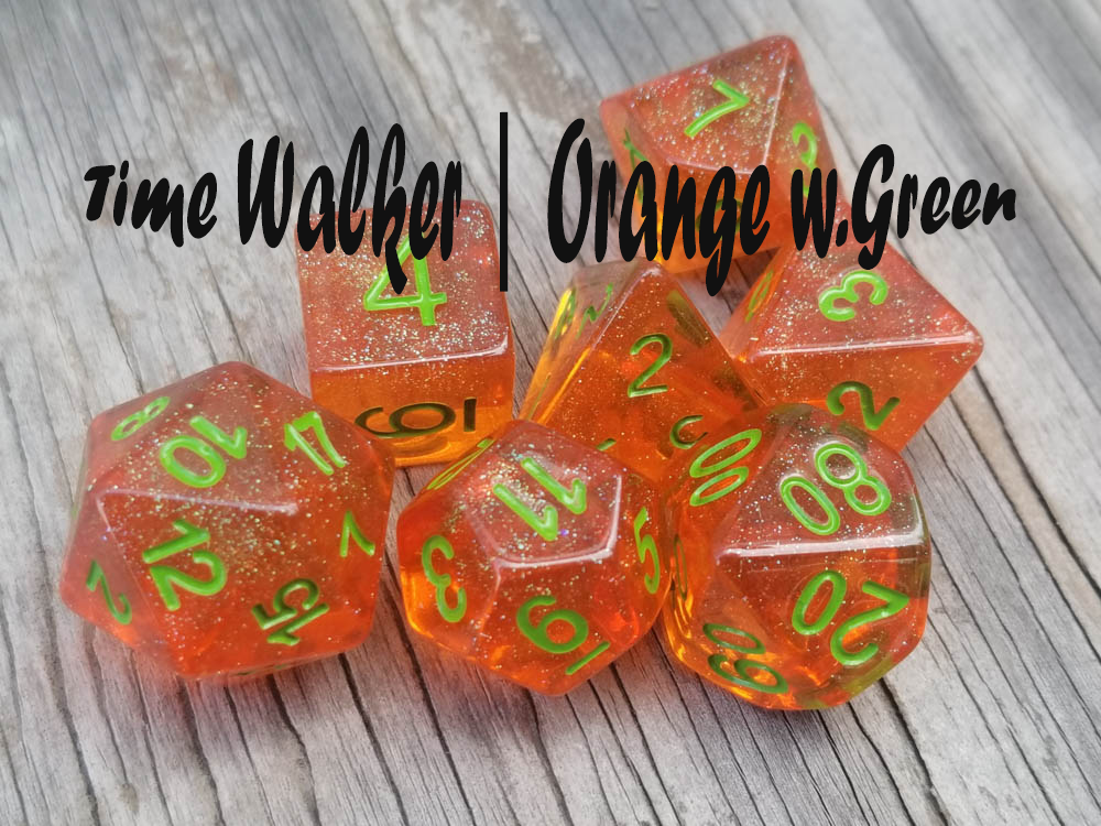 Time Walker | Orange w/Green Glitter 7-Dice Set RPG Dice Set