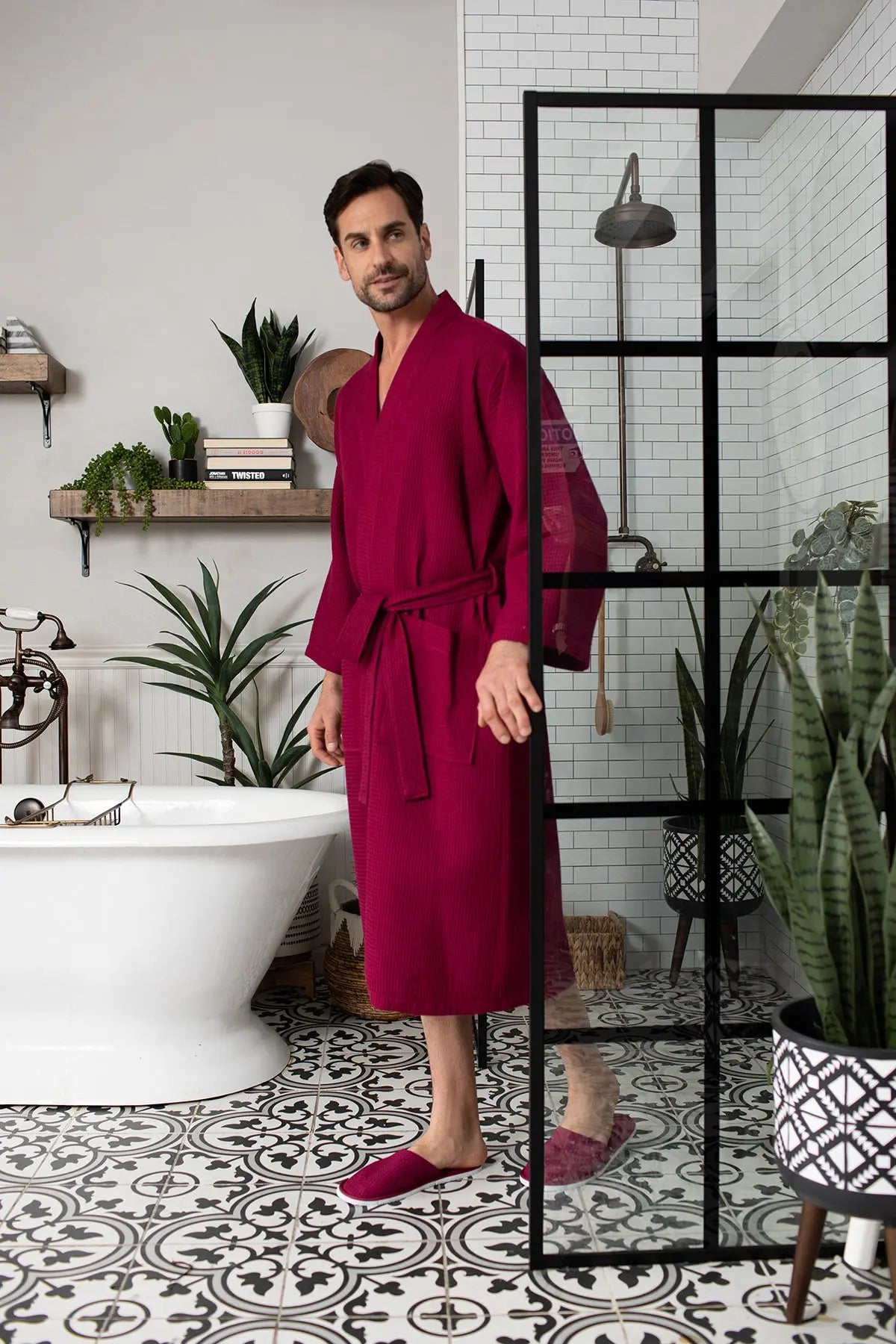 Waffle Kimono Spa Bathrobe for Men - Absorbent, Lightweight