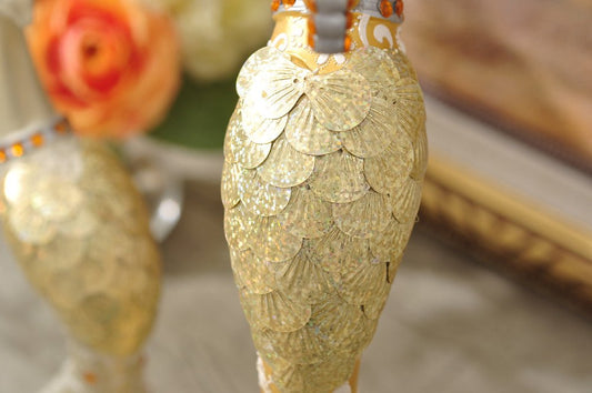 Exquisite Pair of Hand Painted Peacock Sculptures - Gold & Silver - Samiksha's - Little Red General Store