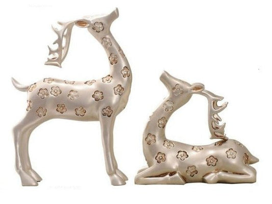 Elegant Pair of Silver Gazing Deer Sculptures with Antlers - Samiksha's - Little Red General Store