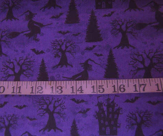 45 x 36 Halloween Witches Bats and Houses on Purple 100% Cotton Fabric - Seasonal Fabrics - Little Red General Store