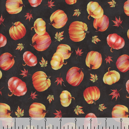 44 x 36 Wilmington Prints Tossed Pumpkins on Black Thanksgiving 100% Cotton Fabric - Seasonal Fabrics - Little Red General Store