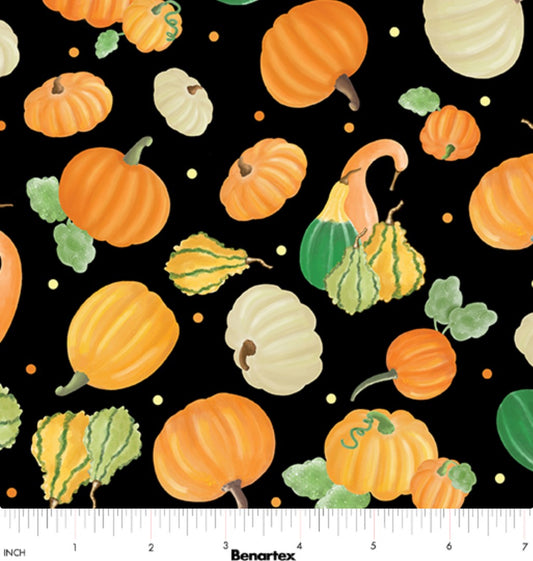 Benartex Falling For Gnomes Pumpkin On Black Thanksgiving 100% Cotton Fabric - Seasonal Fabrics - Little Red General Store
