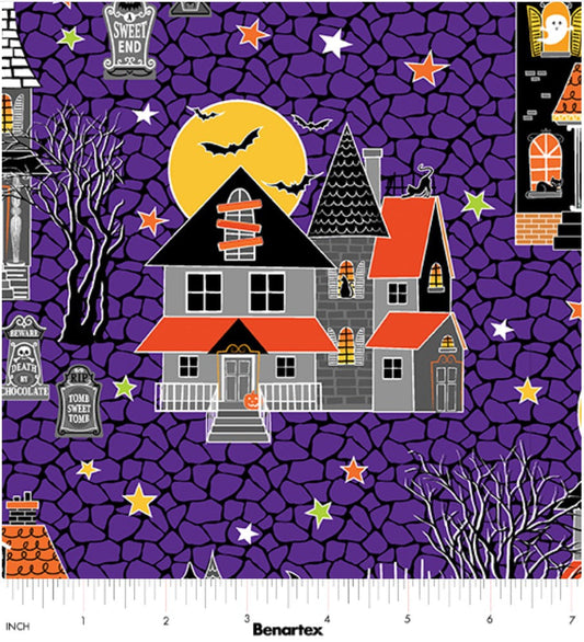 Benartex Glowoween Haunted Houses On Purple Glow in the Dark Halloween 100% Cotton Fabric - Seasonal Fabrics - Little Red General Store