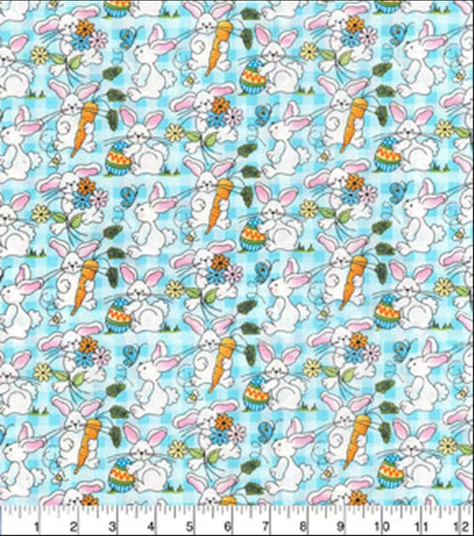 44 x 36 Easter Bunnies on Light Blue Plaid Fabric Traditions 100% Cotton - Seasonal Fabrics - Little Red General Store