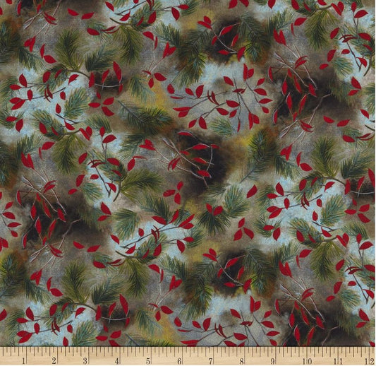 44 x 36 Leaf Vine on Grey Timberland Bears Quilting Treasures 100% Cotton Christmas - Seasonal Fabrics - Little Red General Store