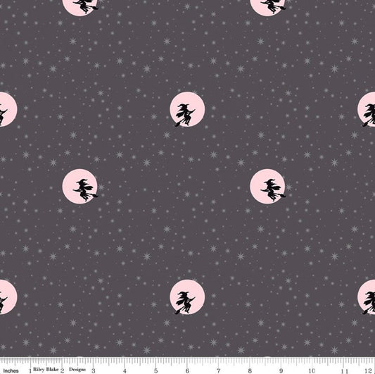 Halloween Starry Night Witch Moon Gray Sparkle Riley Blake 100% Cotton Price Per Yard - Seasonal Fabrics - Little Red General Store