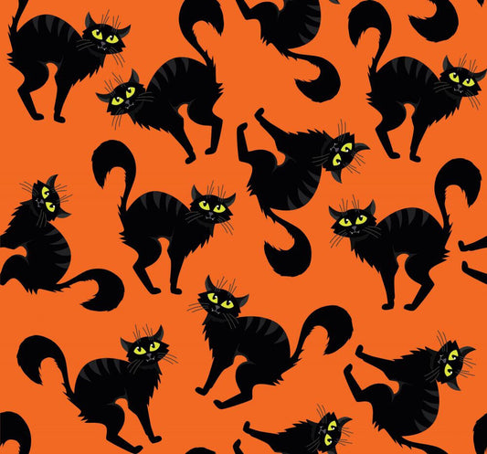 45 x 36 Halloween Creepy Black Cats on Orange 100% Cotton Fabric - Seasonal Fabrics - Little Red General Store