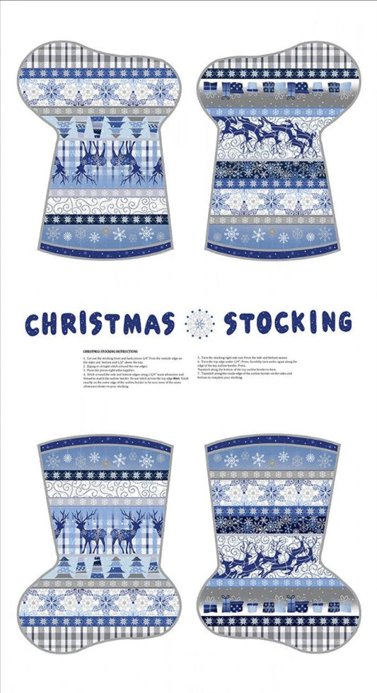 Christmas Stocking Panel Blue Holiday Fabric Paintbrush Studio - Seasonal Fabrics - Little Red General Store