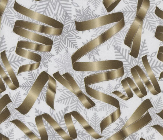 44 x 36 Gold Ribbons Silver Snowflakes Christmas 100% Cotton Fabric - Seasonal Fabrics - Little Red General Store