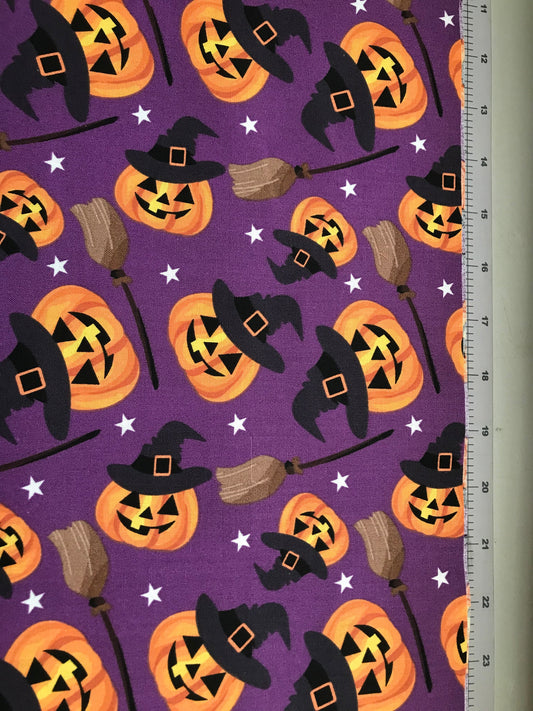 45 x 36 Halloween Smiling Pumpkins and Witches Brooms on Purple 100% Cotton Fabric - Seasonal Fabrics - Little Red General Store