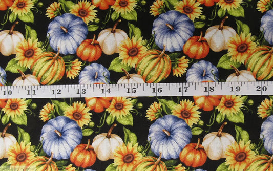 45 x 36 Pumpkins and Gourds on Black by the yard Fall Autumn Thanksgiving Fabric - Seasonal Fabrics - Little Red General Store