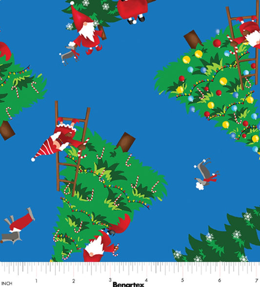 44 x 36 Gnomes Christmas Trees on Dark Blue Benartex 100% Cotton - Seasonal Fabrics - Little Red General Store