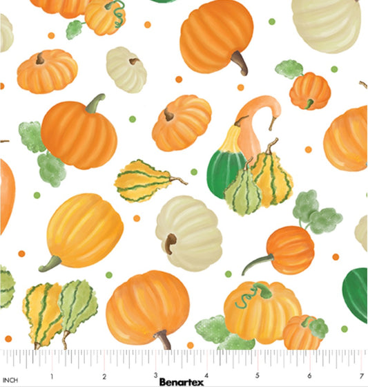 Benartex Falling For Gnomes Pumpkin On White Thanksgiving 100% Cotton Fabric - Seasonal Fabrics - Little Red General Store