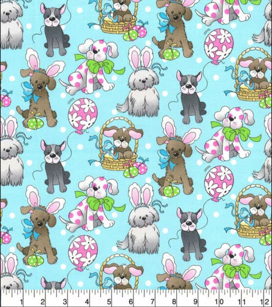 44 x 36 Easter Puppies Dogs on Blue Fabric Traditions 100% Cotton - Seasonal Fabrics - Little Red General Store