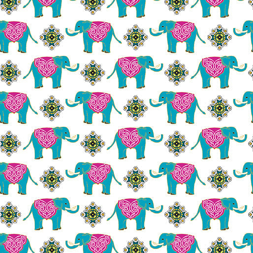 44 x 36 Small Elephants on White Metallic Benartex 100% Cotton All Over Print - Seasonal Fabrics - Little Red General Store
