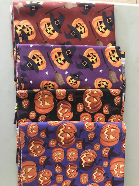 Halloween Pumpkins 100% Cotton 1 yard Precut Fabric Bundles, 4 pieces - Seasonal Fabrics - Little Red General Store