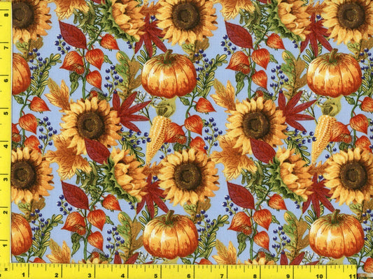 44 x 36 Pumpkins and Sunflowers on Light Blue Fall Autumn Thanksgiving 100% Cotton Fabric - Seasonal Fabrics - Little Red General Store