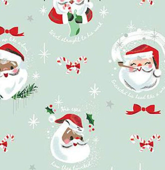 Christmas Santa on Light Mint Green Riley Blake 100% Cotton Price Per Yard - Seasonal Fabrics - Little Red General Store