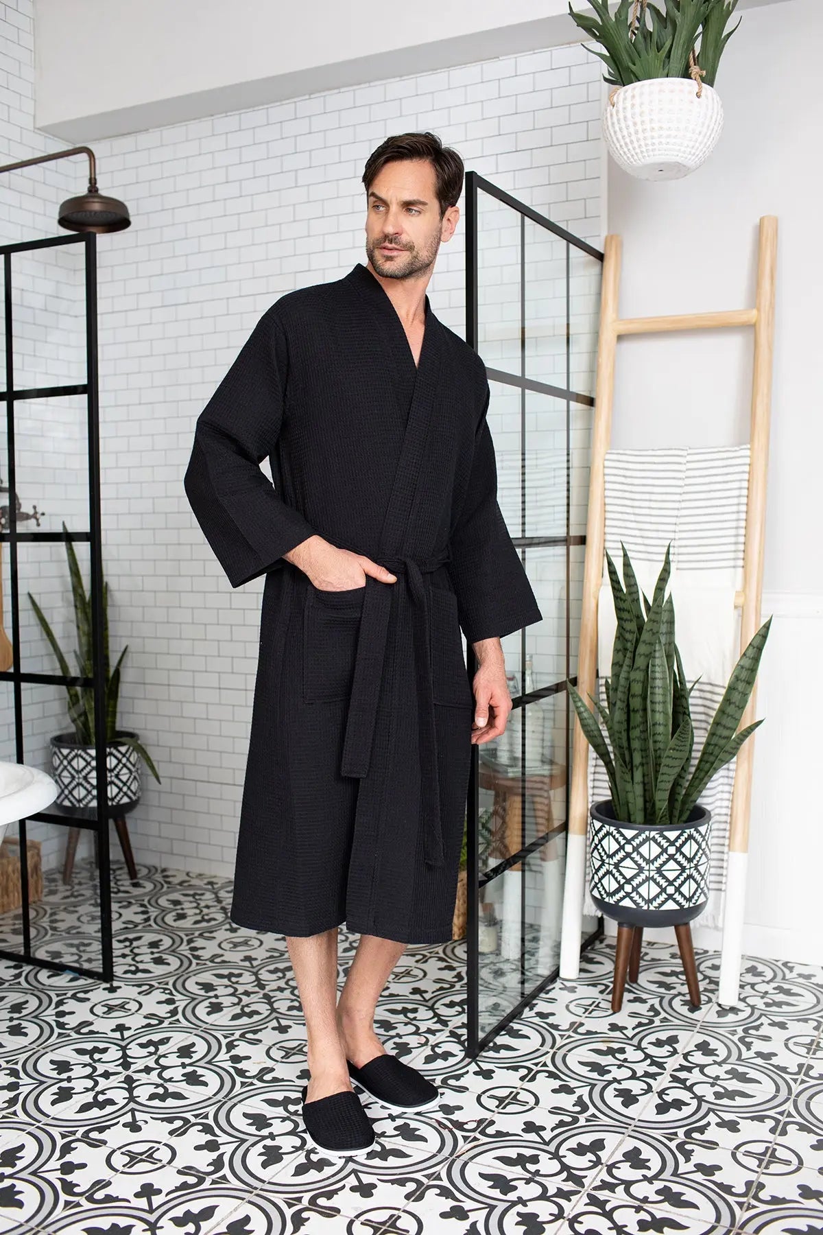 Waffle Kimono Spa Bathrobe for Men - Absorbent, Lightweight