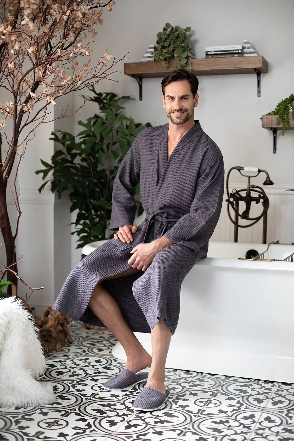Waffle Kimono Spa Bathrobe for Men - Absorbent, Lightweight