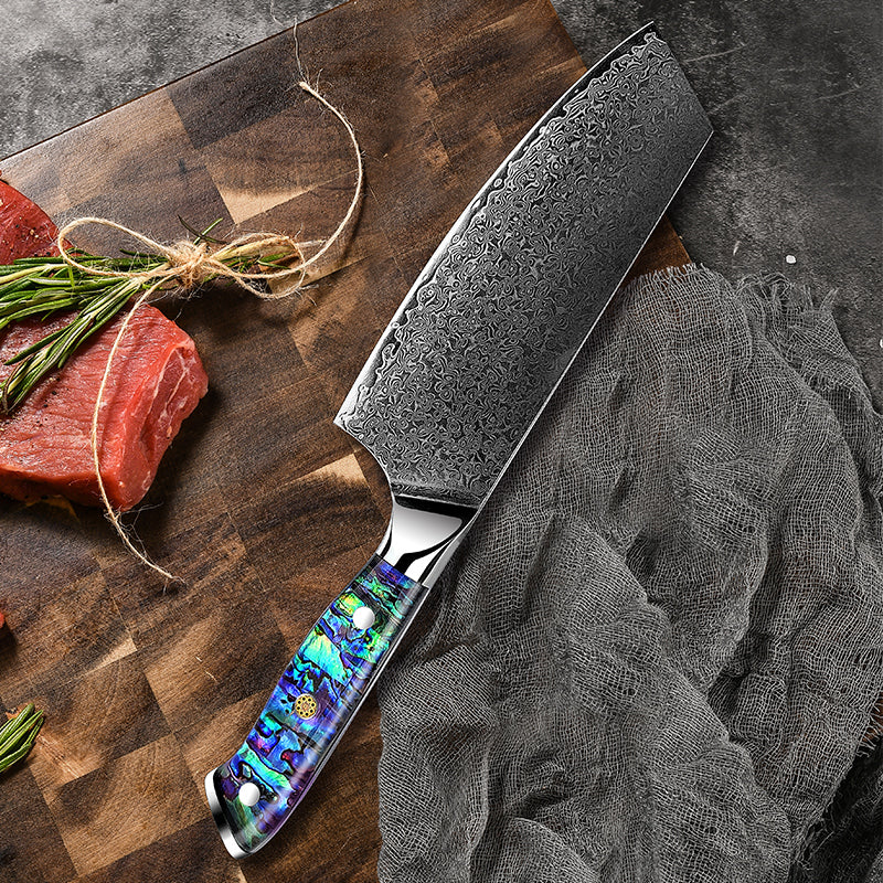 Ronin VG10 Damascus Cleaver Knife with Exotic Abalone Shell Composite Handle