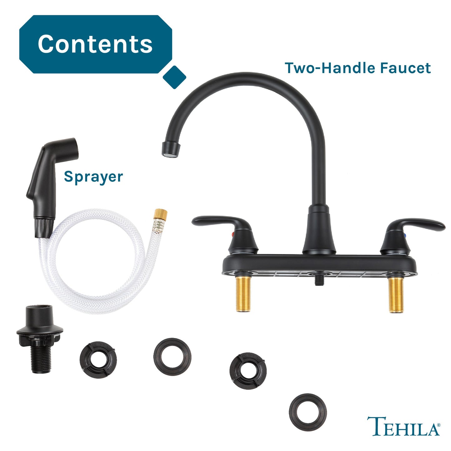Tehila Black Finish Wide-set Gooseneck Faucet with Side Sprayer