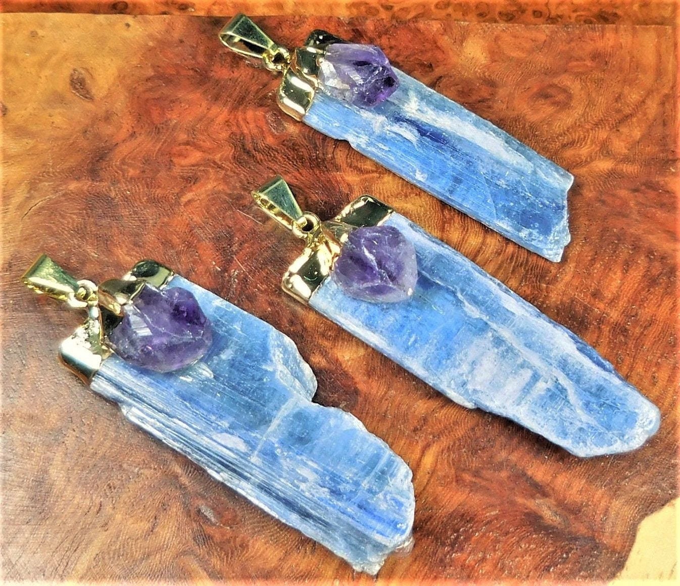 Kyanite And Amethyst Crystal Point Pendant (Gold Plated) Necklace Charm Jewelry
