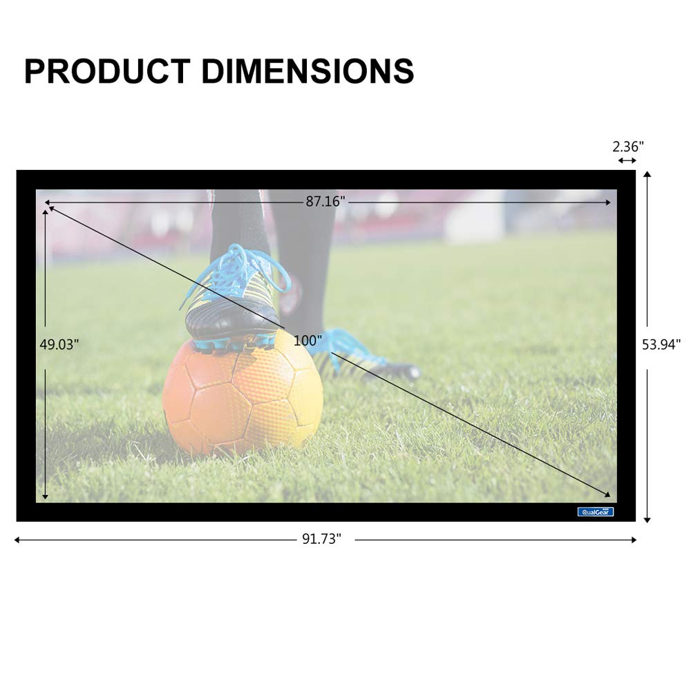 QualGear 100-In 16:9 Fixed Frame Projector Screen, 4K HD Ultra White, 1.2 Gain, QG-PS-FF6-169-100-W