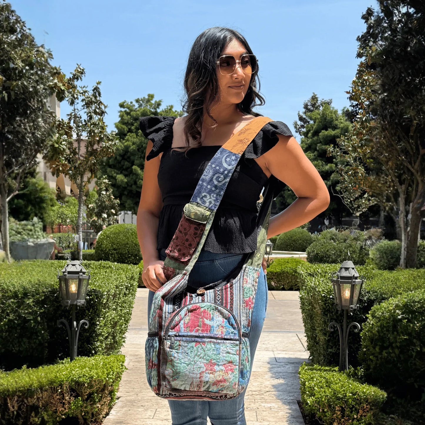 Kathmandu Collection Vintage Patchwork Hobo Bag with Water Bottle Pockets