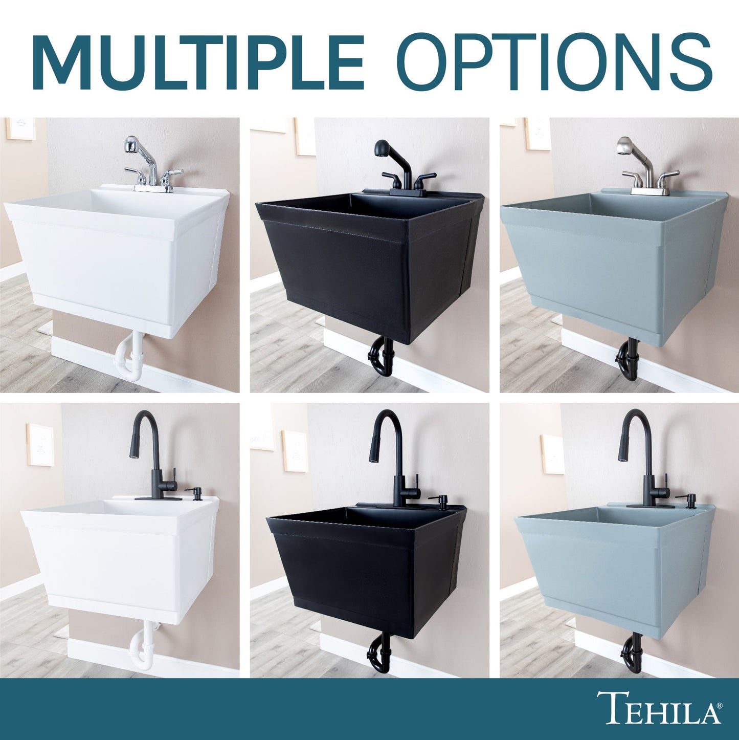 Tehila Standard Wall-Mounted Black Utility Sink with Black Finish Pull-Out Faucet
