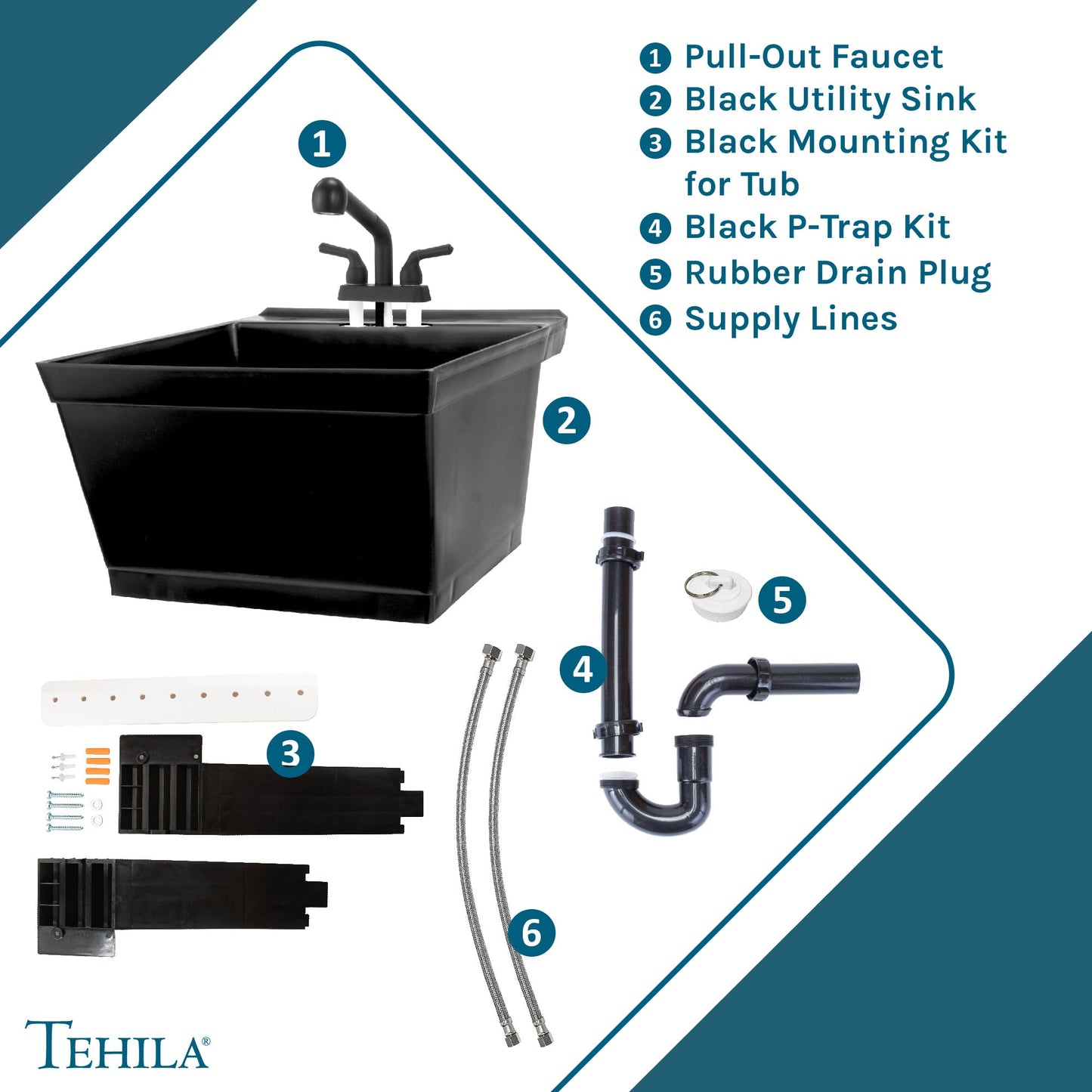 Tehila Standard Wall-Mounted Black Utility Sink with Black Finish Pull-Out Faucet