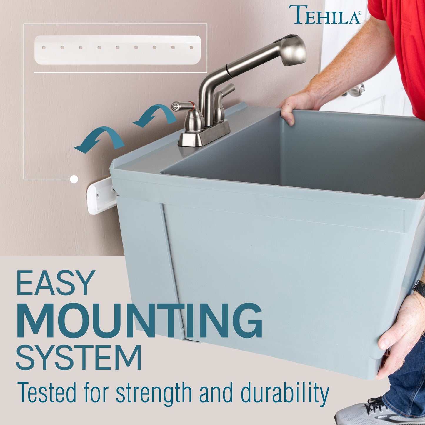 Tehila Standard Wall-Mounted Grey Utility Sink with Stainless Steel Finish Pull-Out Faucet