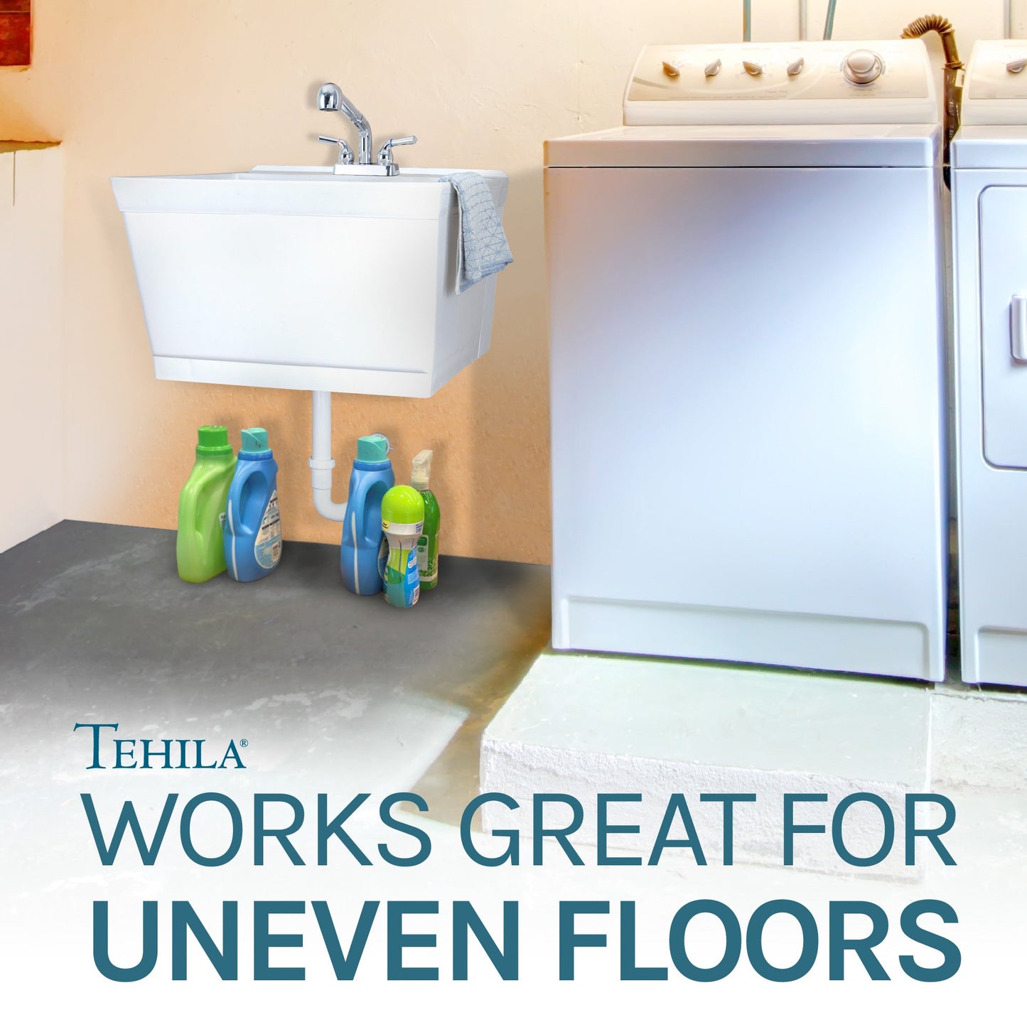 Tehila Standard Wall-Mounted White Utility Sink with Chrome Finish Pull-Out Faucet