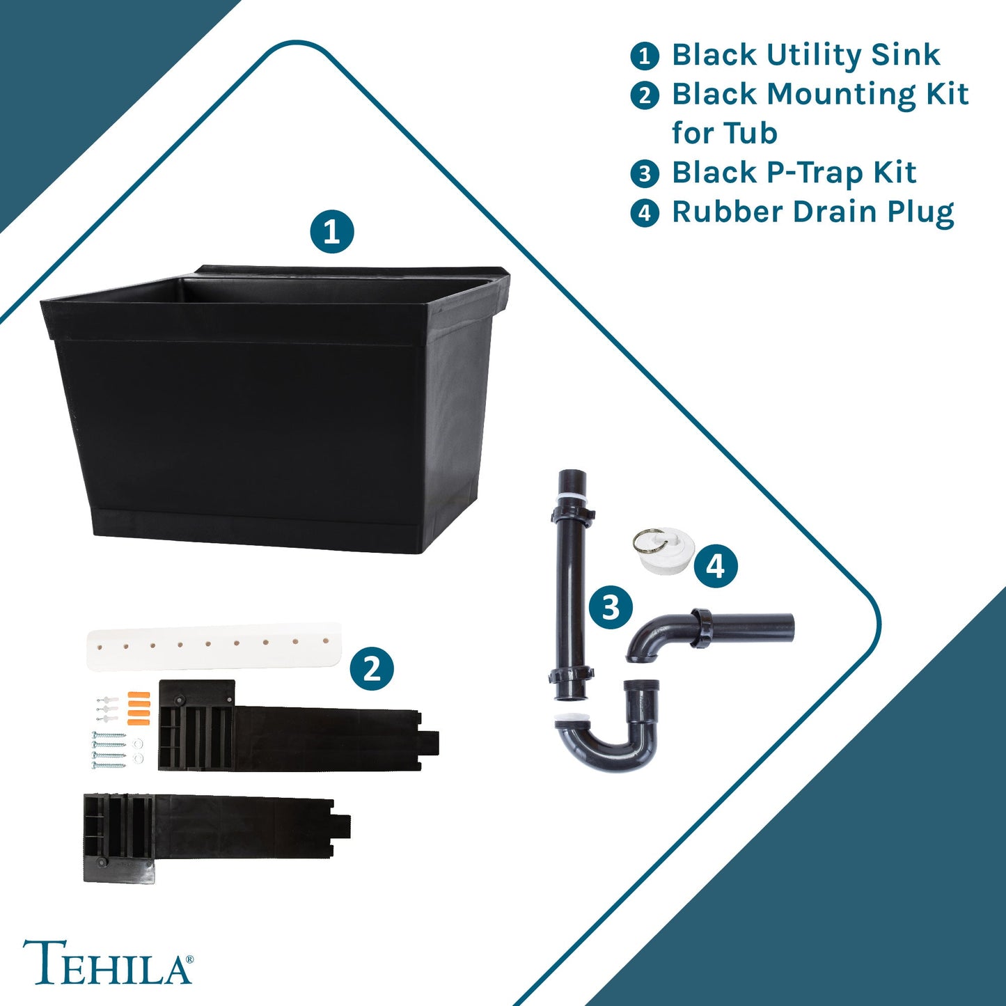 Tehila Standard Wall-Mounted Black Utility Sink, No Supply Lines