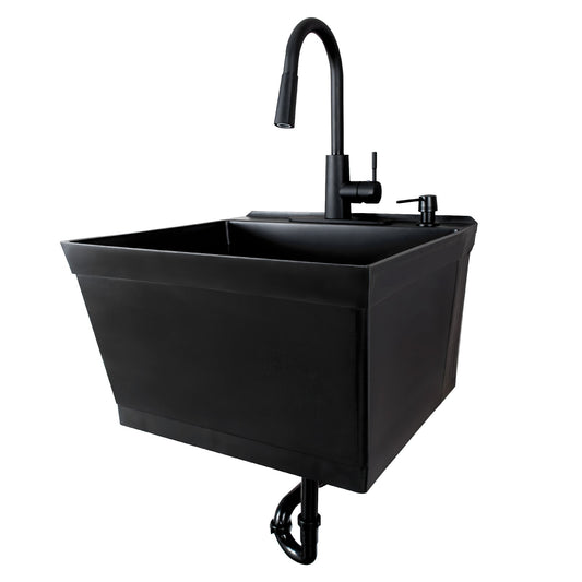 Tehila Standard Wall-Mounted Black Utility Sink with Black Finish Pull-Down Faucet