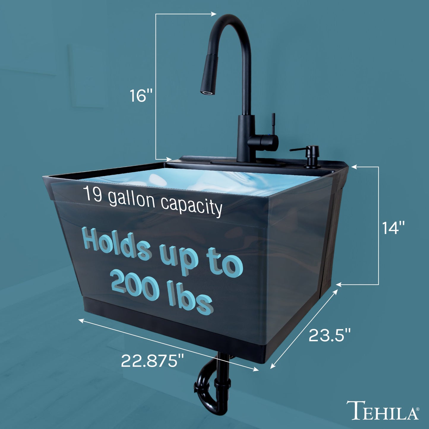 Tehila Standard Wall-Mounted Black Utility Sink with Black Finish Pull-Down Faucet