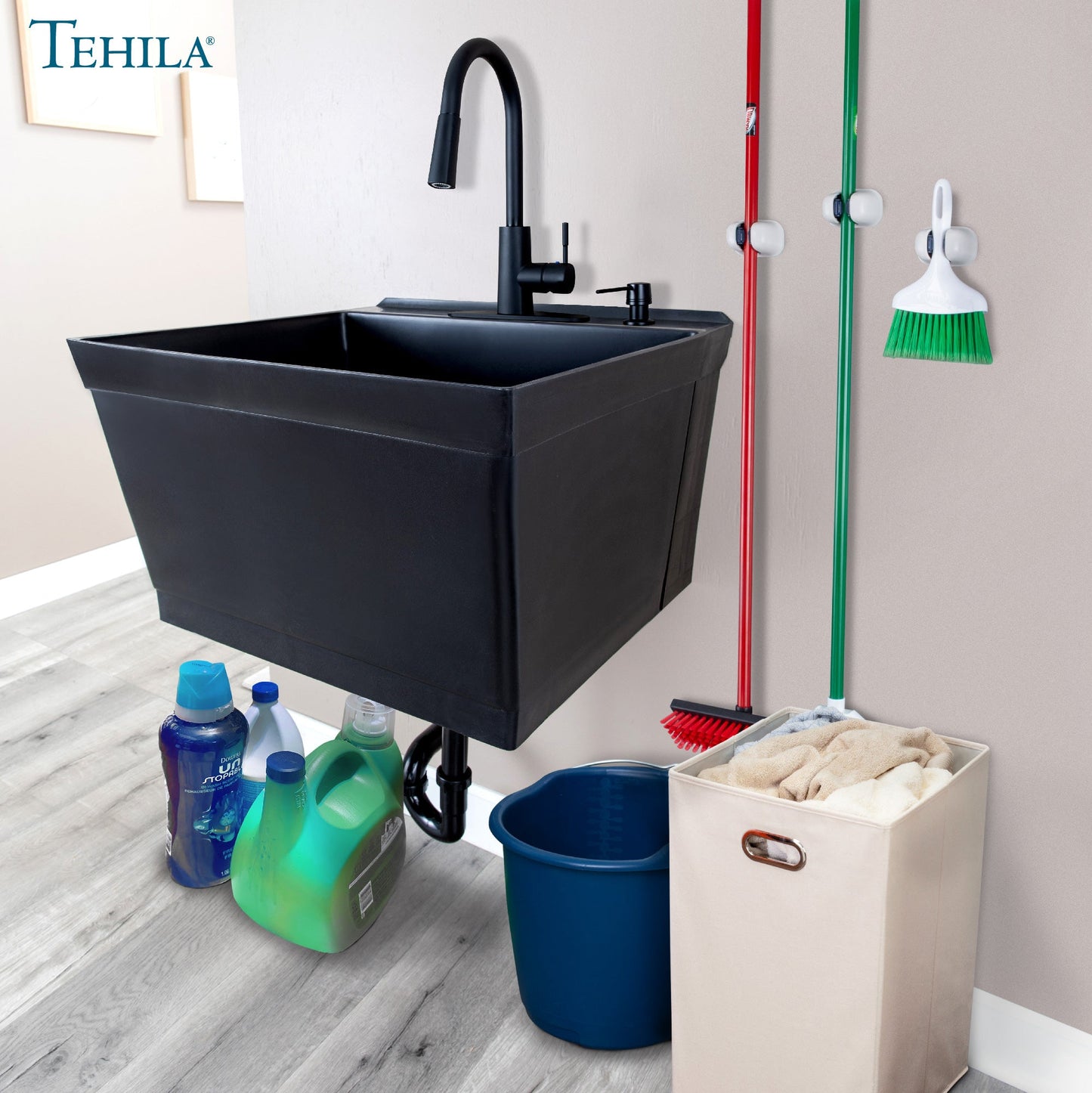 Tehila Standard Wall-Mounted Black Utility Sink with Black Finish Pull-Down Faucet