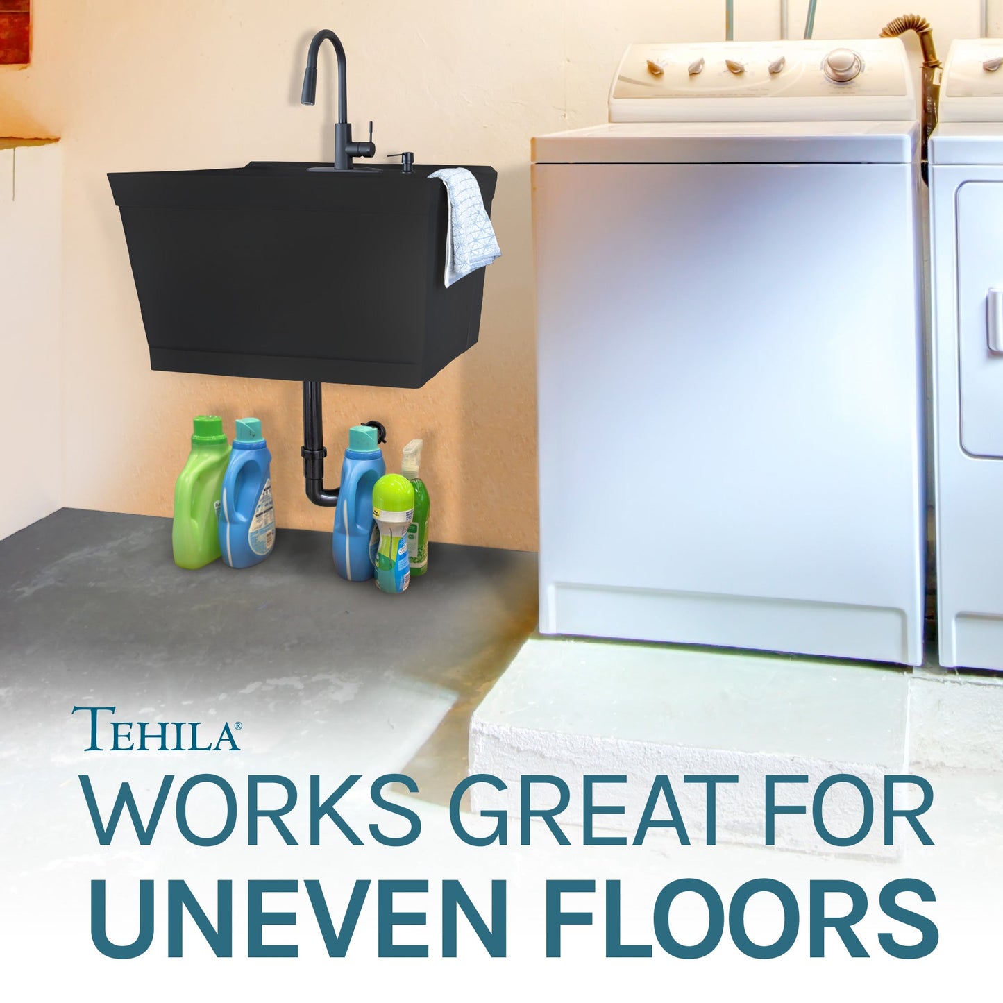 Tehila Standard Wall-Mounted Black Utility Sink with Black Finish Pull-Down Faucet