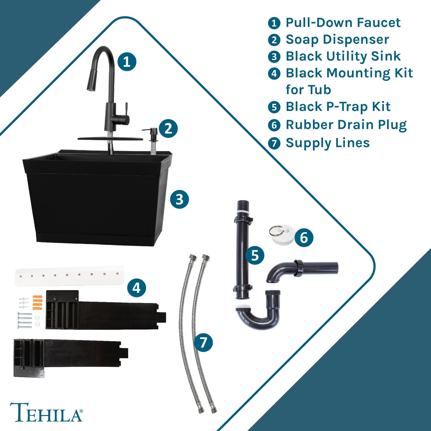 Tehila Standard Wall-Mounted Black Utility Sink with Black Finish Pull-Down Faucet