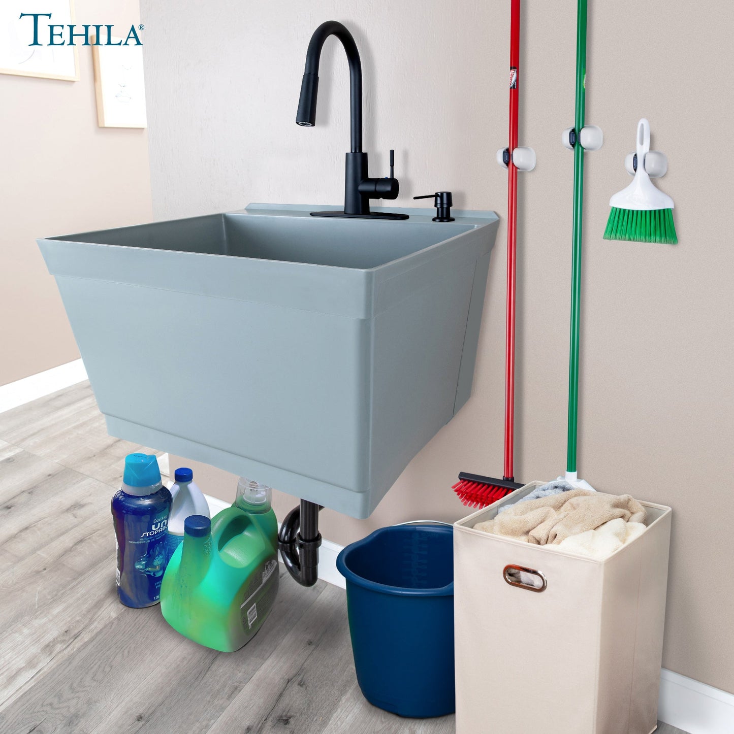 Tehila Standard Wall-Mounted Grey Utility Sink with Black Finish Pull-Down Faucet