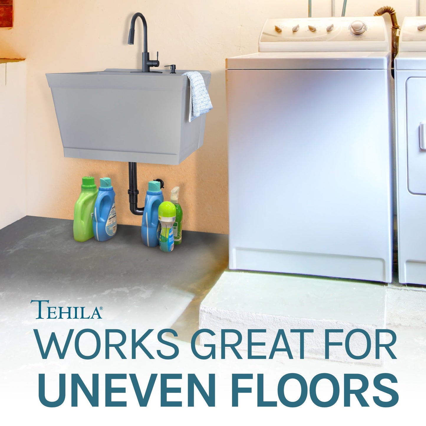 Tehila Standard Wall-Mounted Grey Utility Sink with Black Finish Pull-Down Faucet