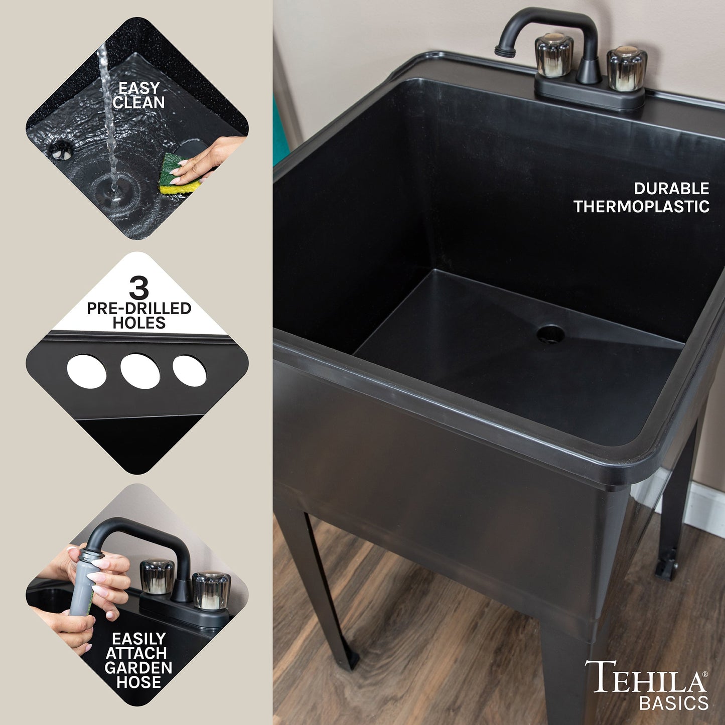 Tehila Basics Freestanding Black Utility Sink with Black Finish Dual Handle Utility Faucet