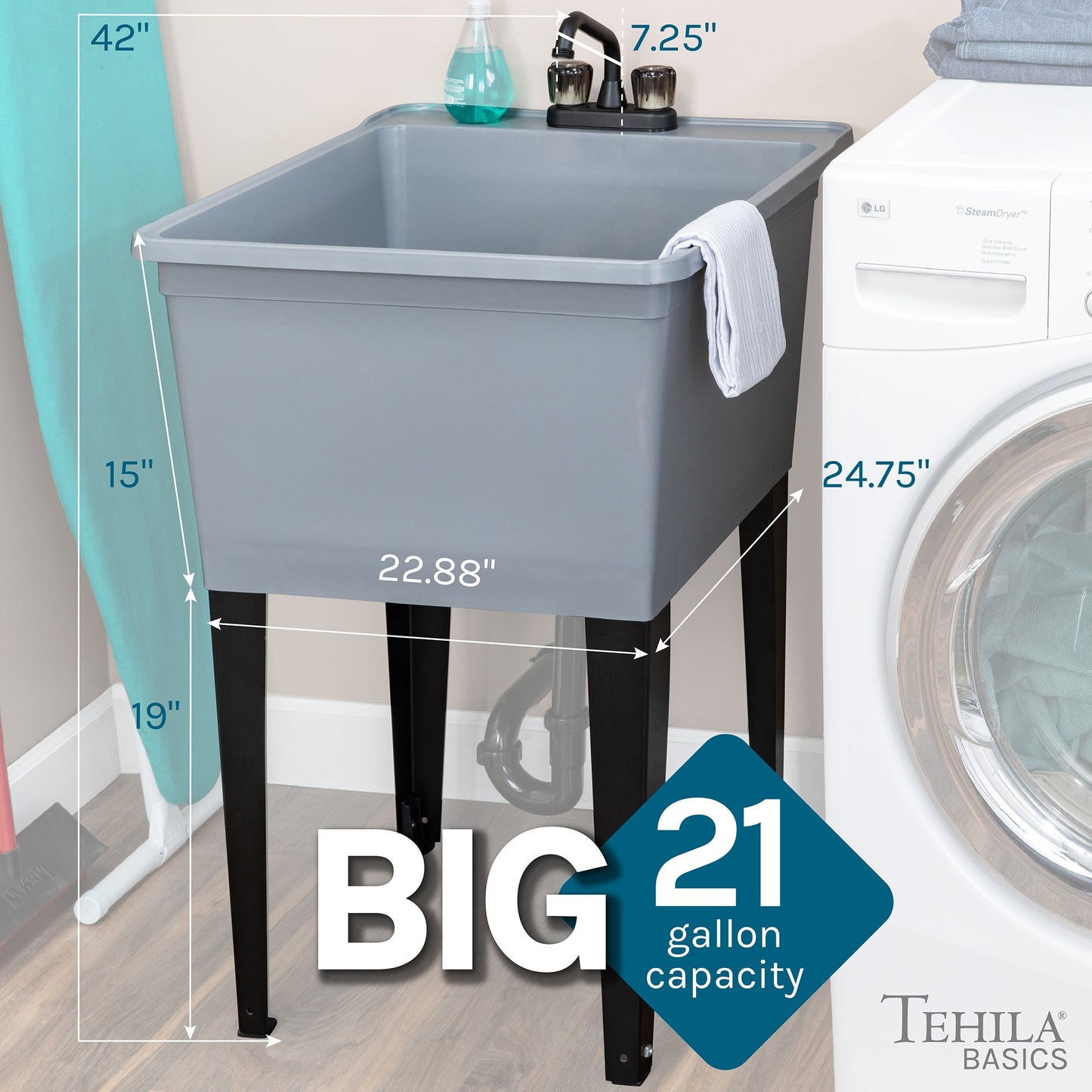 Tehila Basics Freestanding Grey Utility Sink with Black Finish Dual Handle Utility Faucet