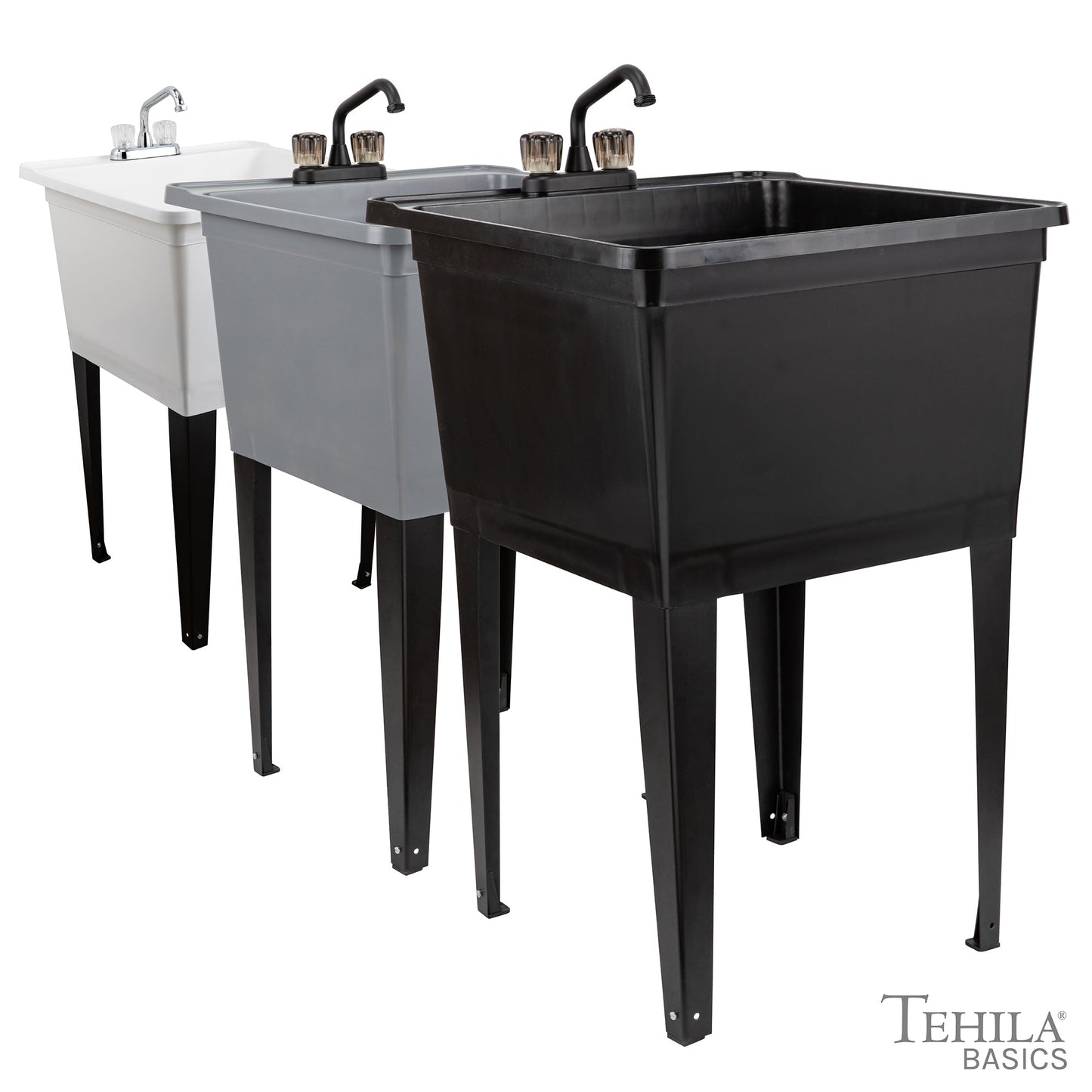Tehila Basics Freestanding Grey Utility Sink with Black Finish Dual Handle Utility Faucet