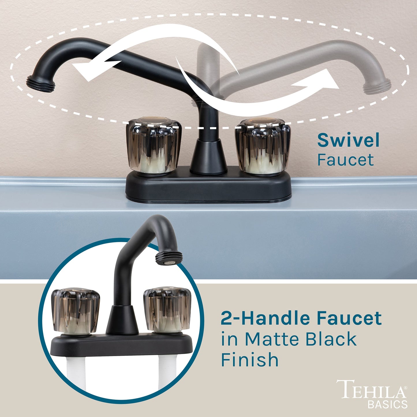 Tehila Basics Freestanding Grey Utility Sink with Black Finish Dual Handle Utility Faucet