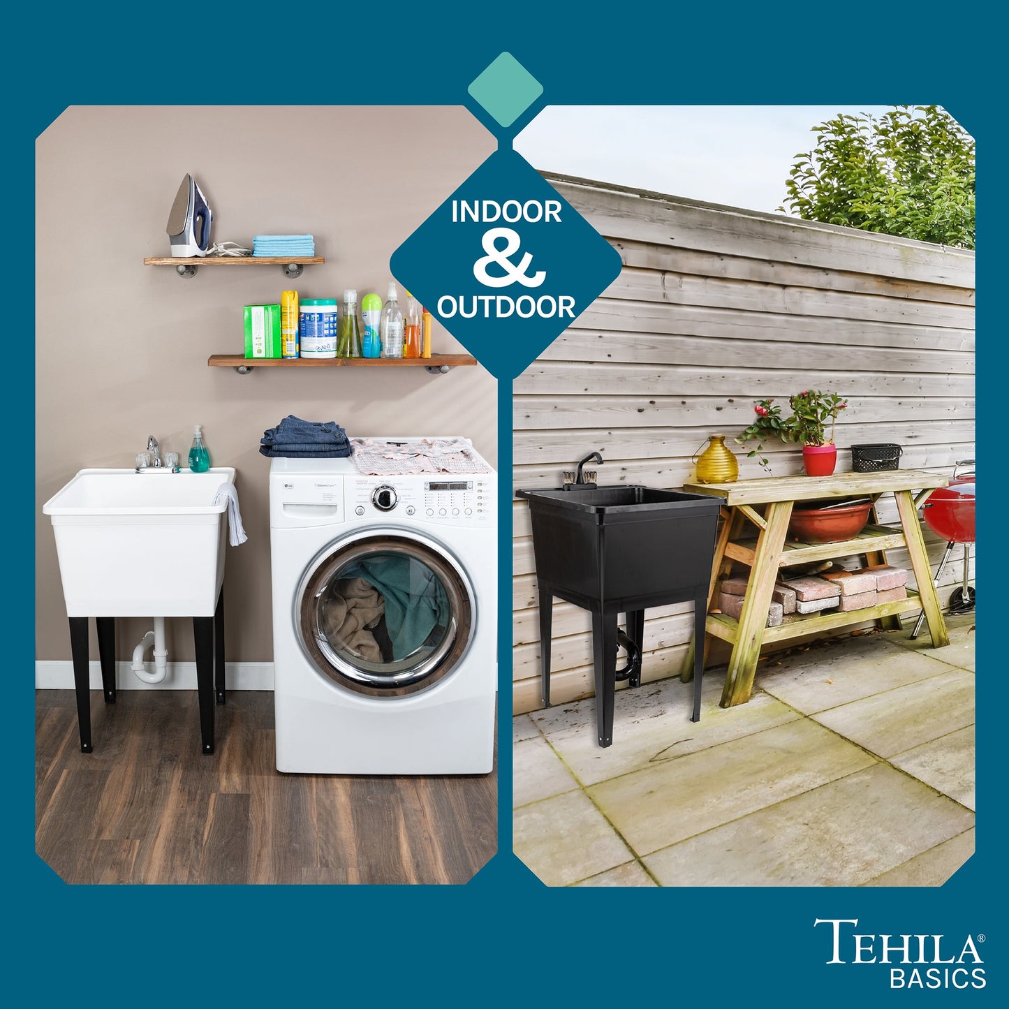 Tehila Basics Freestanding Grey Utility Sink with Black Finish Dual Handle Utility Faucet