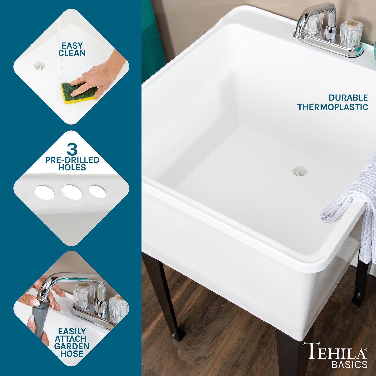 Tehila Basics Freestanding White Utility Sink with Chrome Finish Dual Handle Utility Faucet